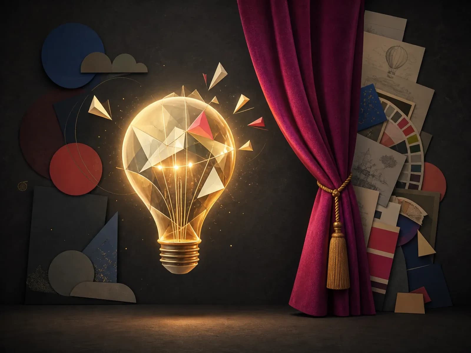 Bombilla creativa iluminada junto a referencias visuales escondidas tras una cortina